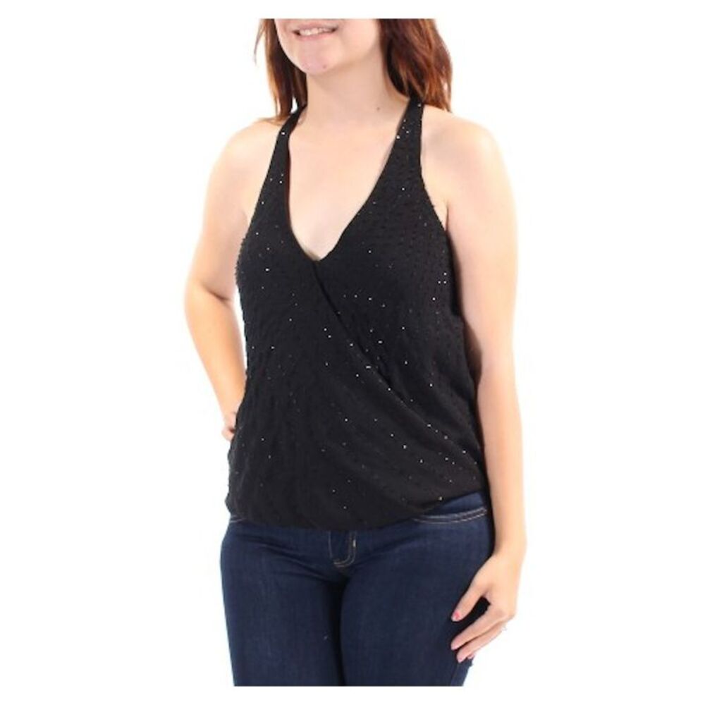 GUESS Womens Black Sequined Sleeveless V Neck Faux Wrap Top Size: S